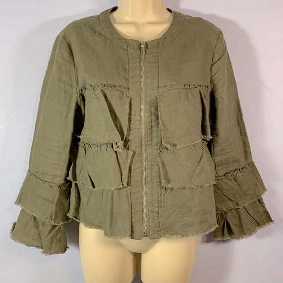 INC olive green 100% linen ruffled zip cardigan topper boho size PM layer jacket - Picture 3 of 10